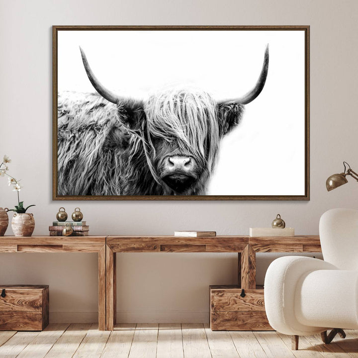 Framed Black and White Scottish Highland Cow Art Print.