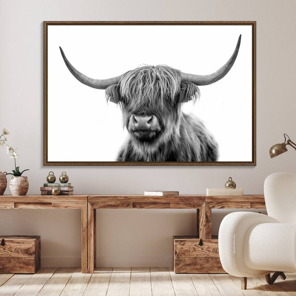 The Grayscale Scottish Highland Cow canvas is a museum-quality piece perfect for your dining room. Enjoy free shipping on this stunning artwork!.