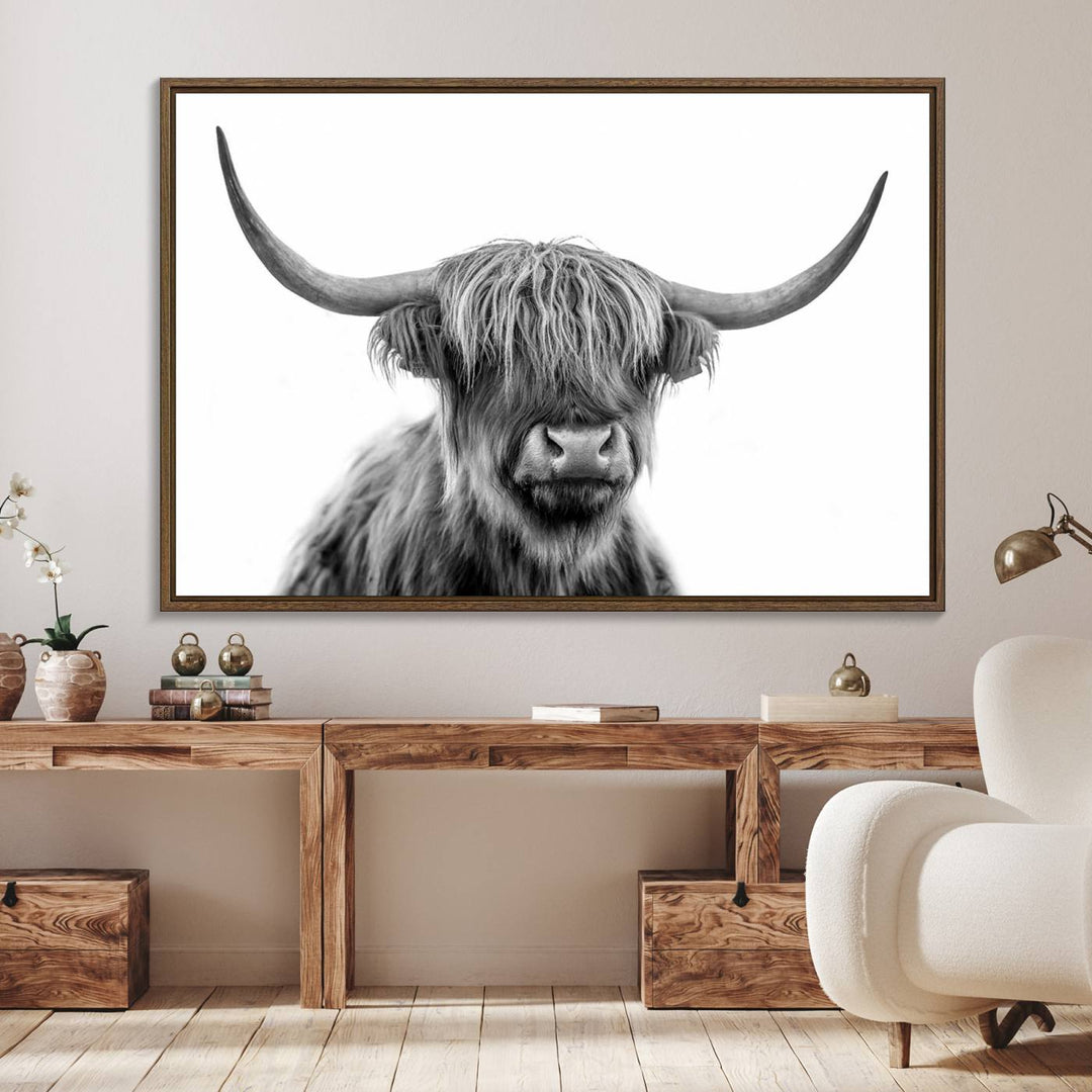 A Scottish Highland Cow Art Canvas adds charm to the farmhouse decor.