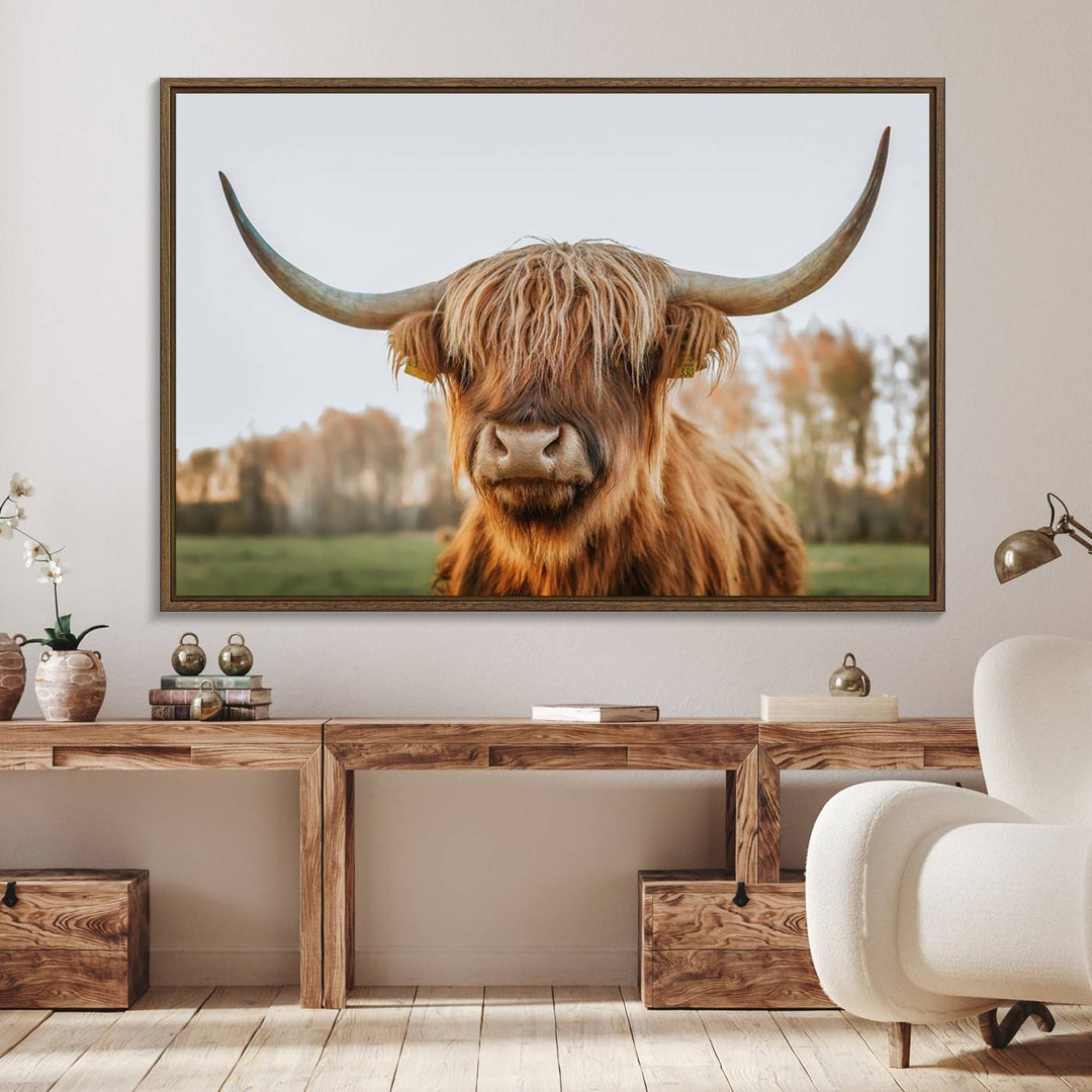 A dining room featuring a Highland Cow Animal Scottish Cattle canvas.