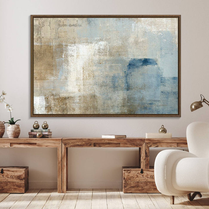 Abstract Blue and Beige Wall Art canvas print set with a modern minimalist aesthetic.