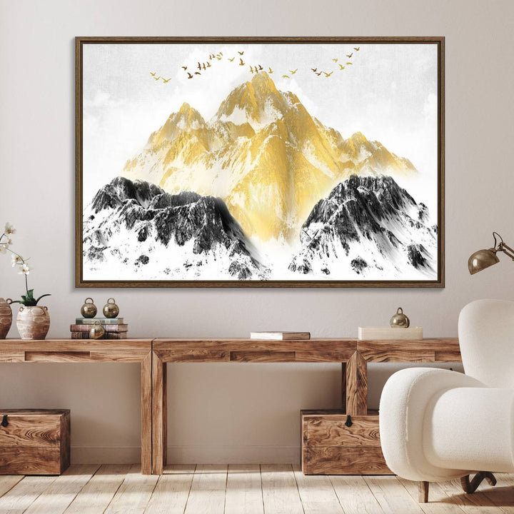 Golden Mountain Triptych Wall Art features gold-tinted mountains and birds.