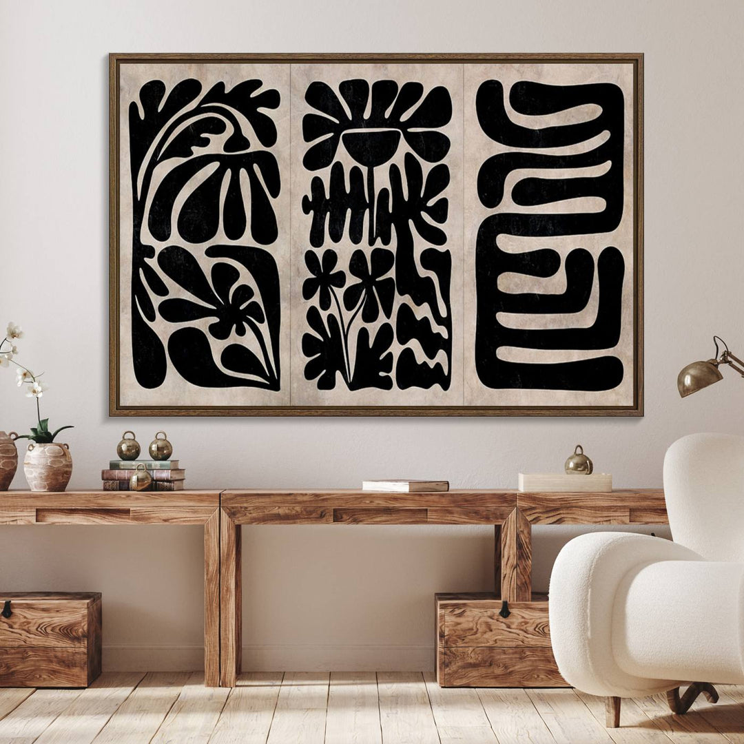 Canvas Print Wall Art Abstract Illustrs Art Boho features bold black patterns on a light background.