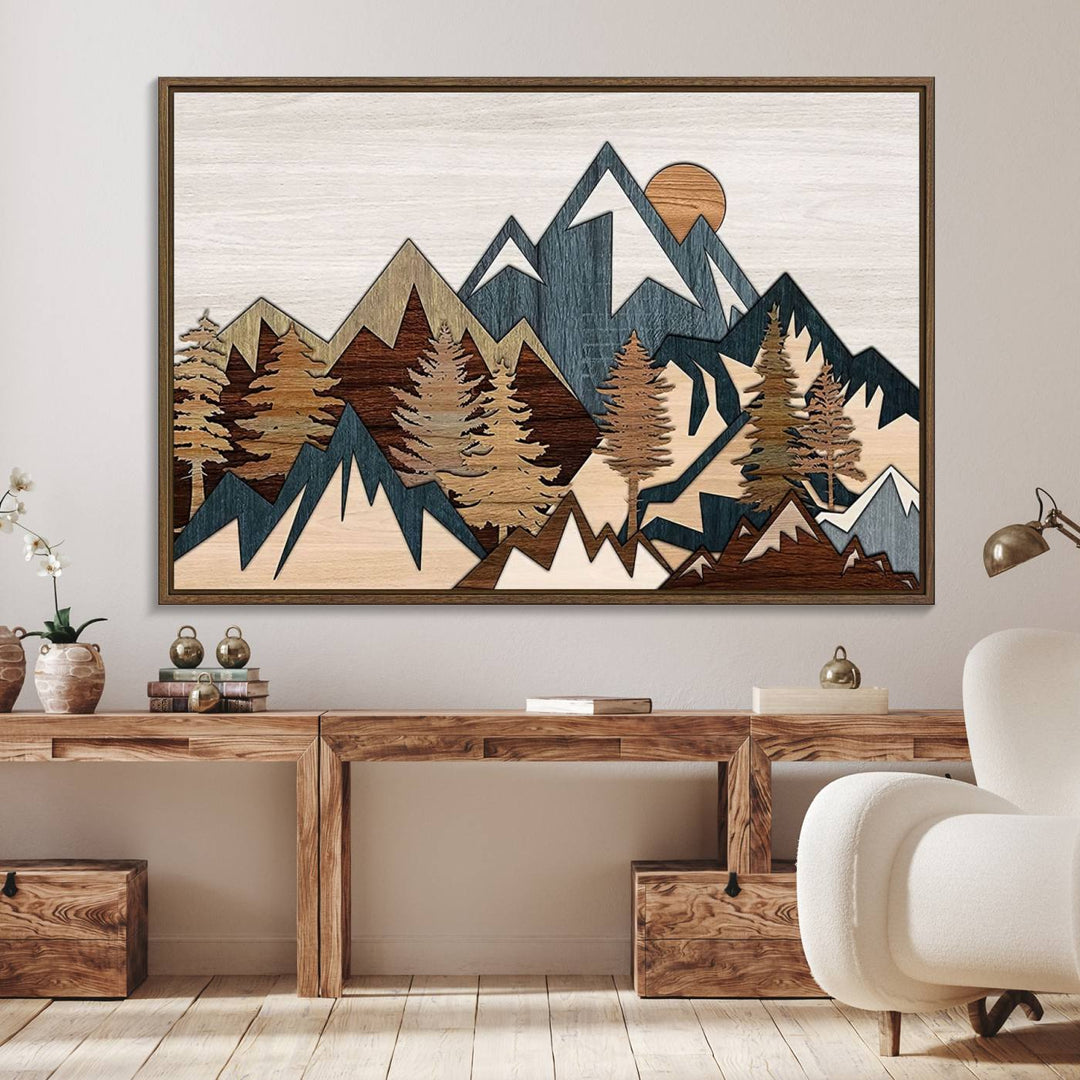 A Woodland Mountain Landscape Triptych serves as the centerpiece of the rustic decor.