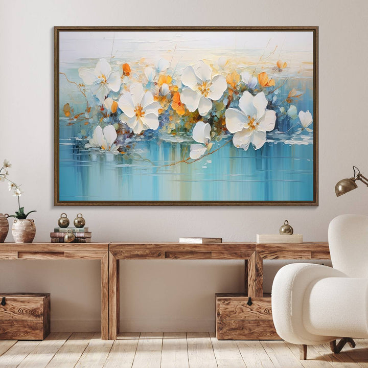 An Abstract Flower Wall Art Canvas Print in blue and orange hues.