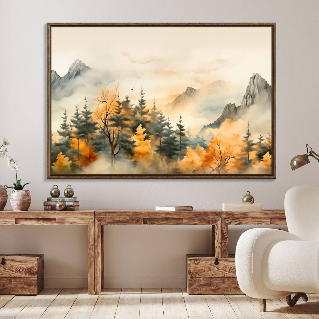 A wall art of Abstract Watercolor Mountains and Trees Autumn on museum-quality canvas.