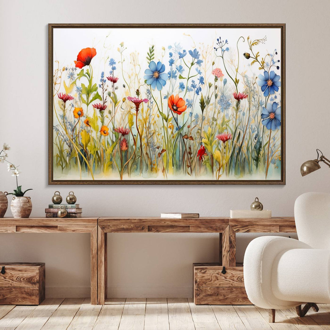 The vibrant Colorful Wildflower Canvas Wall Art adorns the wall.