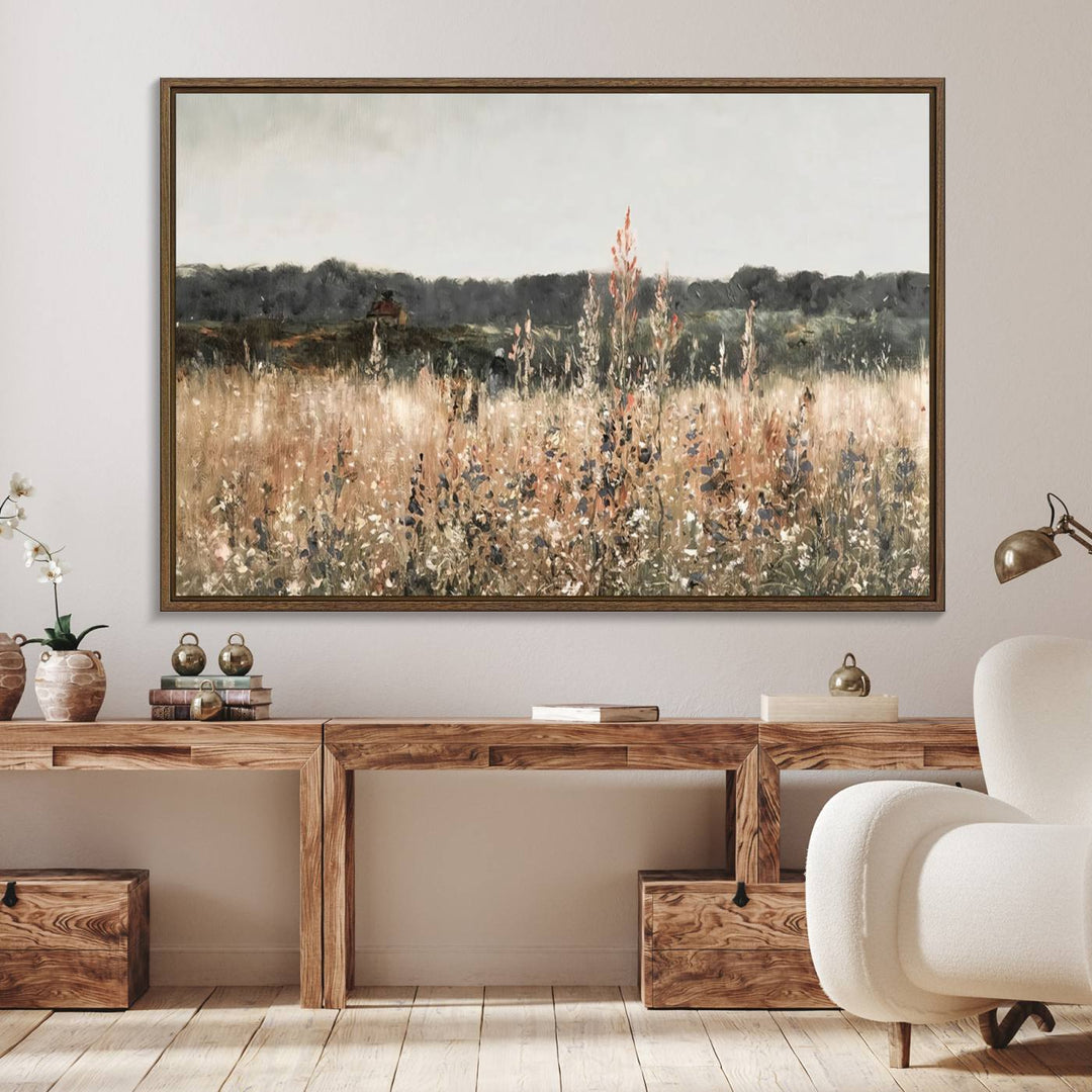 A dining room featuring the Abstract Wildflower Art Field Landscape Oil Painting Print.