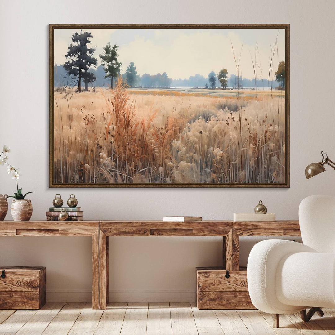 The Golden Fields Canvas Art Print, depicting a serene landscape, adds tranquility with its presence.