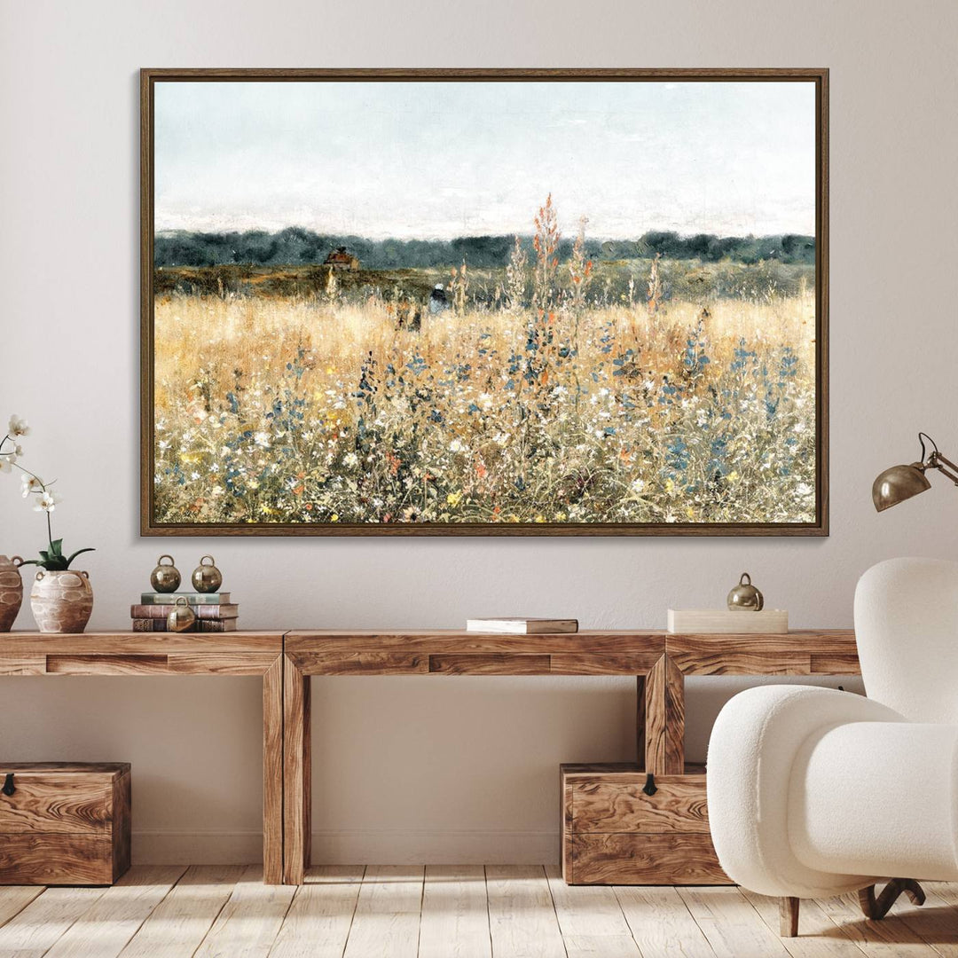 The Wildflower Field Wall Art adds a rustic touch to the space.