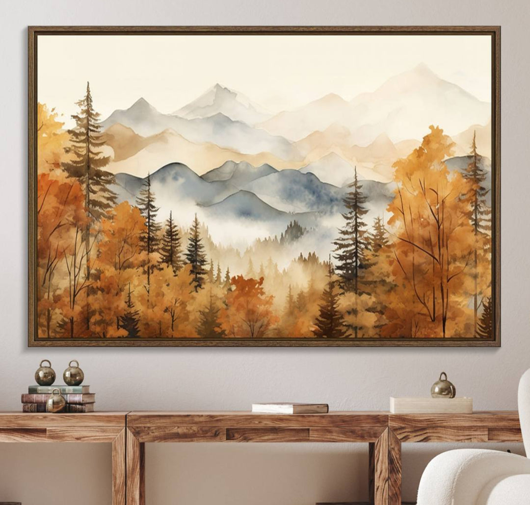 The wall is adorned with Golden Autumn Forest Wall Art.