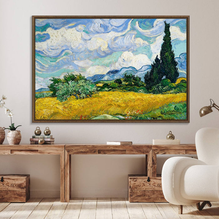 A kitchen featuring Wheatfield With Cypresses Van Gogh canvas wall art.