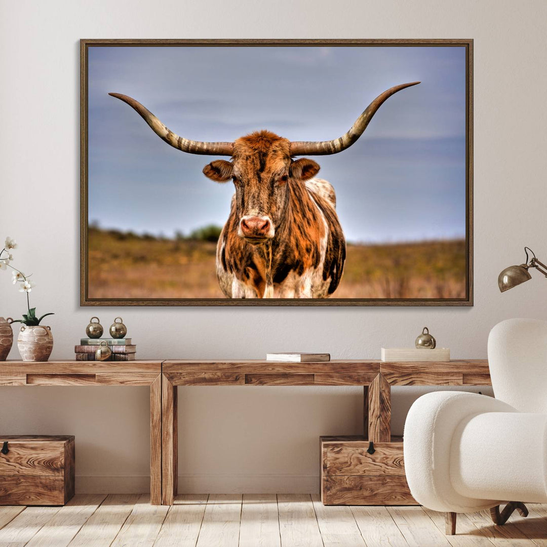 The Texas Longhorn Wall Art Print is displayed in a stylish living room.