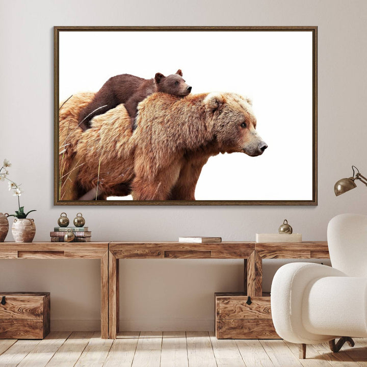 Mother and Baby Bear canvas: an adorable wildlife print displayed on a dark green wall.