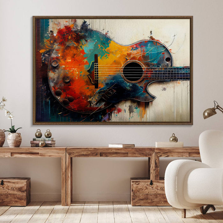 A vibrant guitar wall art canvas is mounted on the wall.