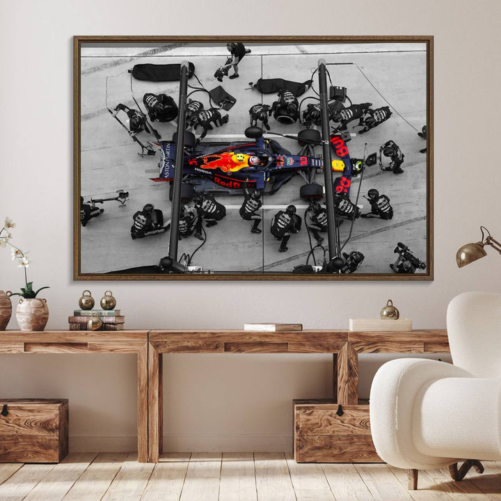 Red Bull Formula 1 Canvas Wall Art Print: An aerial view of a Formula 1 pit stop featuring a Red Bull car on premium canvas.