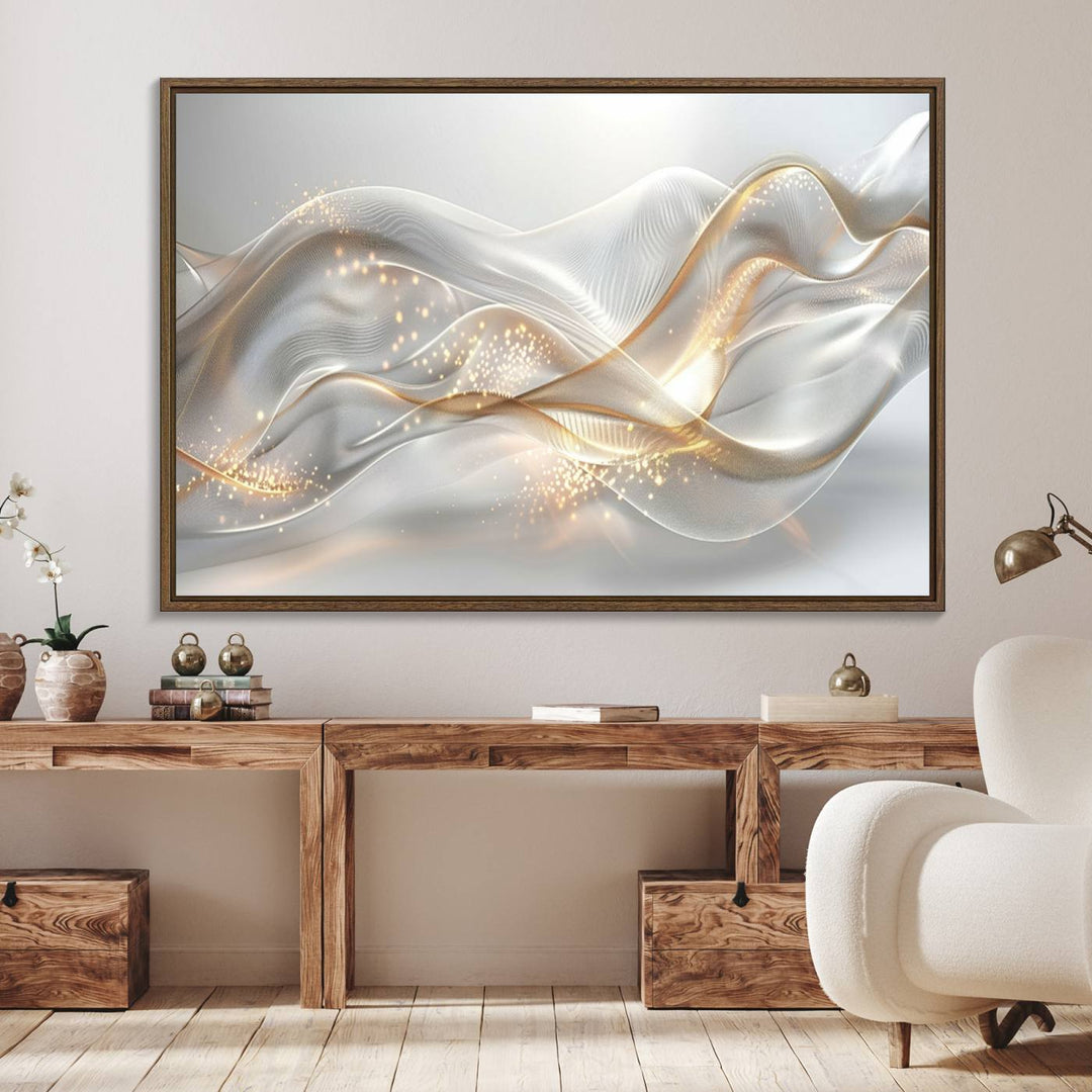 A modern living room is enhanced by the Abstract Art Grey and Gold Lines Wall Art, its elegant lines shimmering against a dark wall.