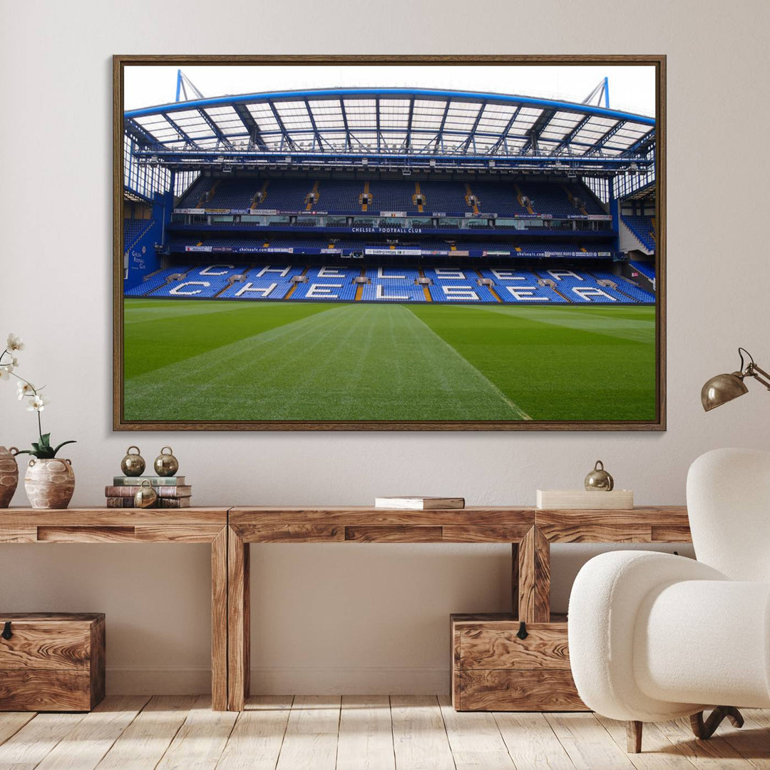 The wall art features a Chelsea FC Stamford Bridge Stadium canvas print.