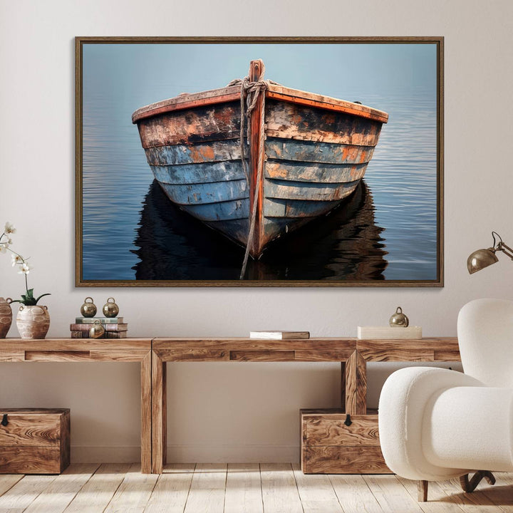 Stunning vintage boat canvas print featuring a calm water scene.