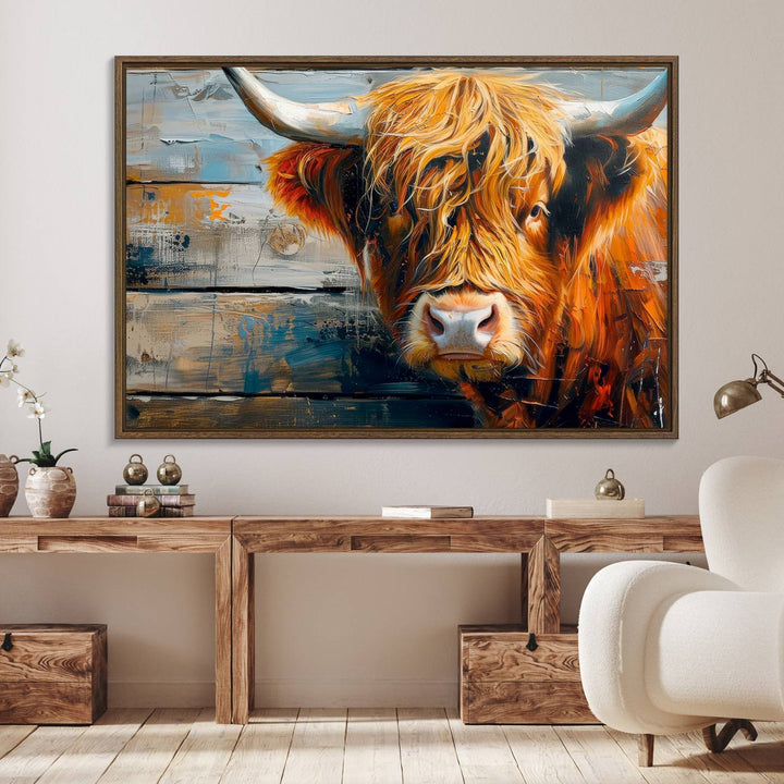 The dining room features Highland Cow Abstract Canvas Wall Art in a farmhouse rustic decor style.