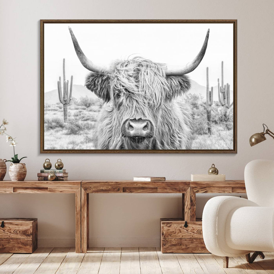 Enhance your kitchen with the Rustic Charm Cow Longhorn Bighorn Wall Art Canvas Print.