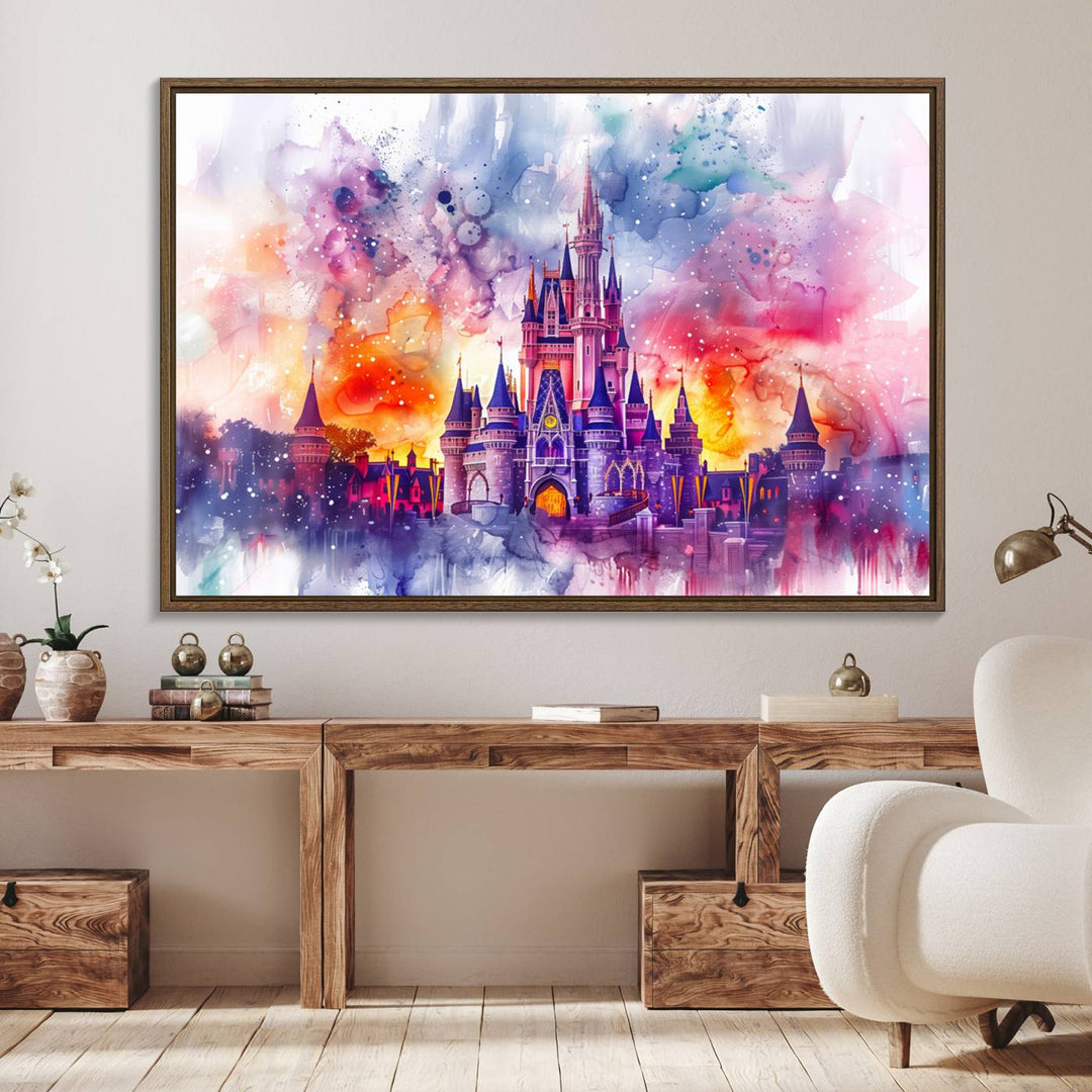 The watercolor Disney Wall Art showcases Cinderellas Castle in pink, purple, and orange hues.