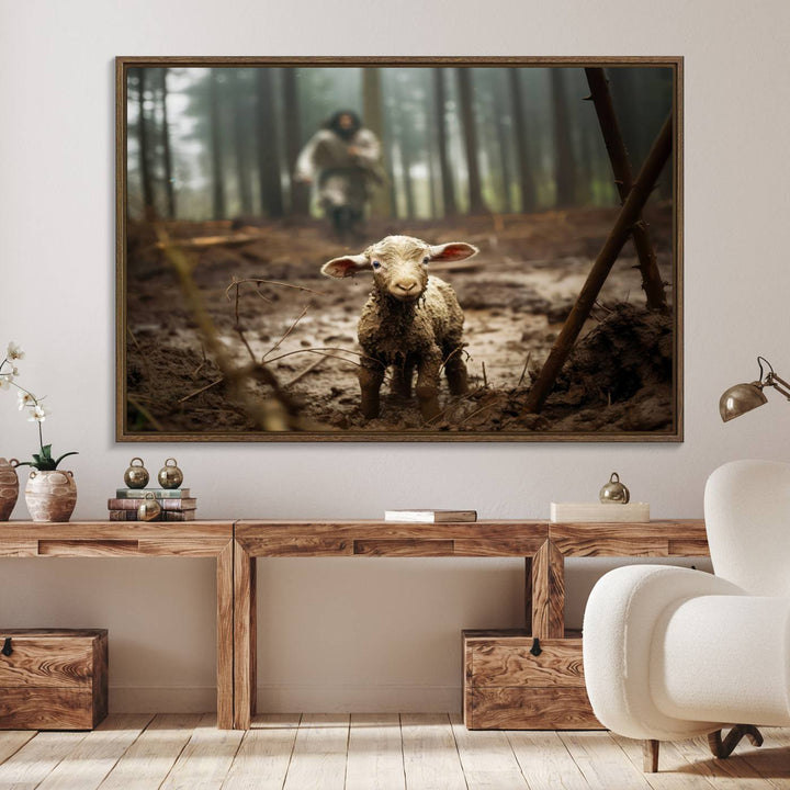 The Jesus Running After a Lost Lamb canvas wall art print depicts a lamb in a muddy forest.