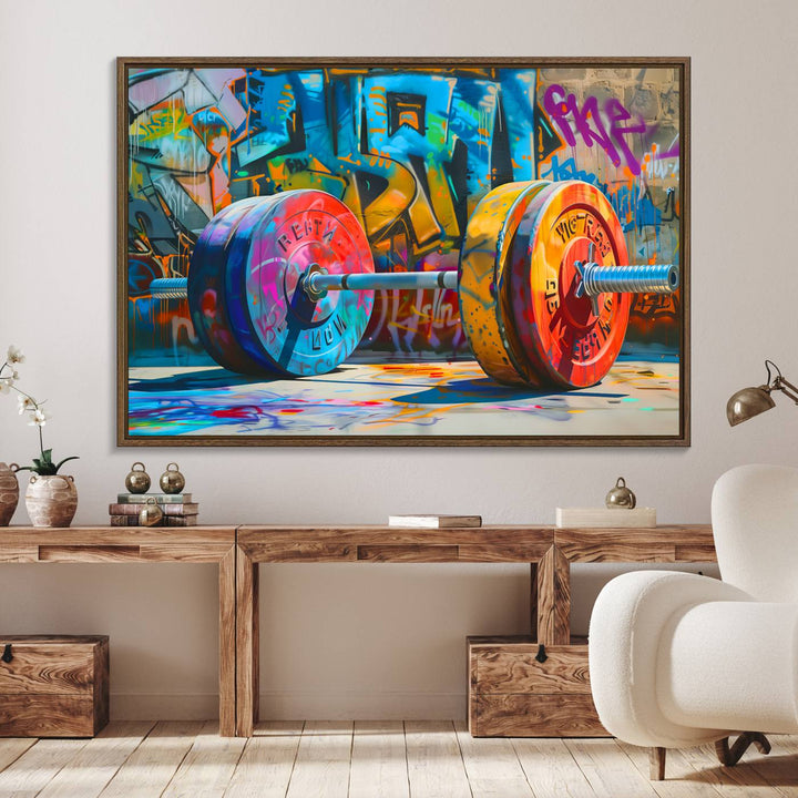 A Fitness Gym Barbell Graffiti Wall Art Canvas Print is displayed.