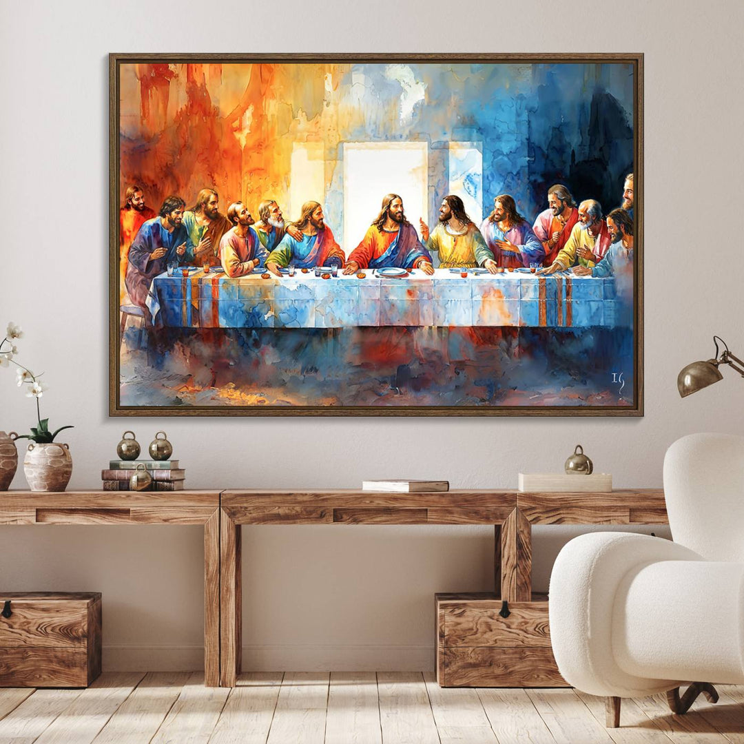 The Abstract Watercolor The Last Supper Wall Art with a gallery finish hangs prominently.