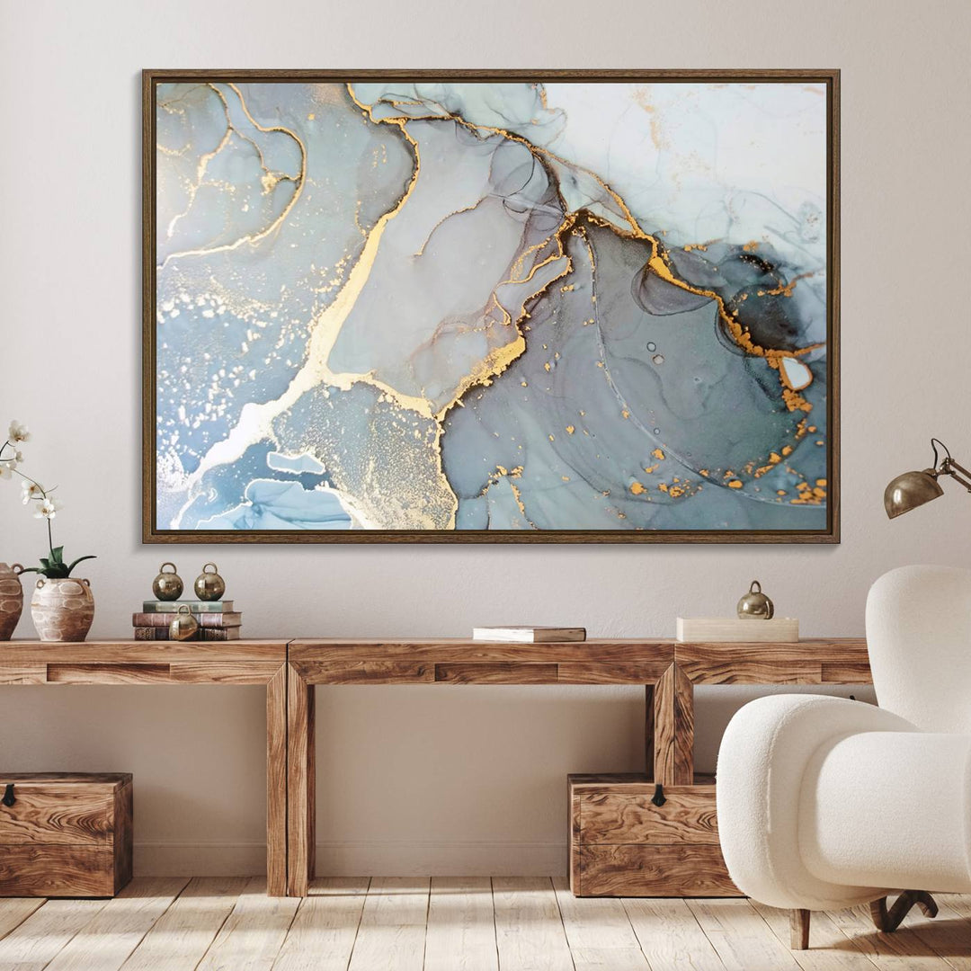 A blue and gold marbled Large Abstract Marble Wall Art Canvas Print hangs overhead.