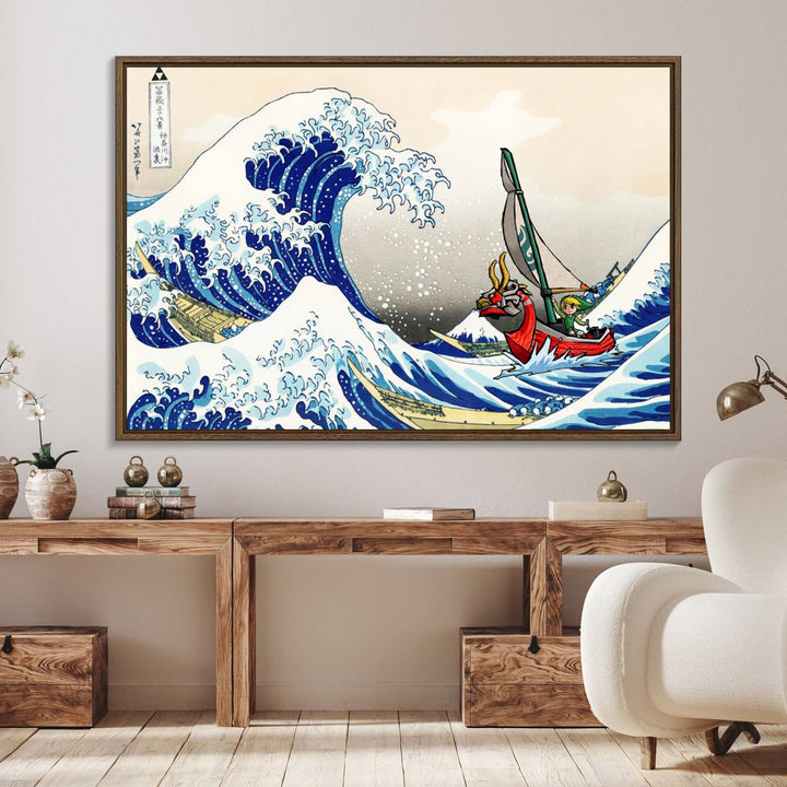 The Katsushika Hokusai Kanagawa Giant Wave Canvas print captures a vibrant sailing scene.