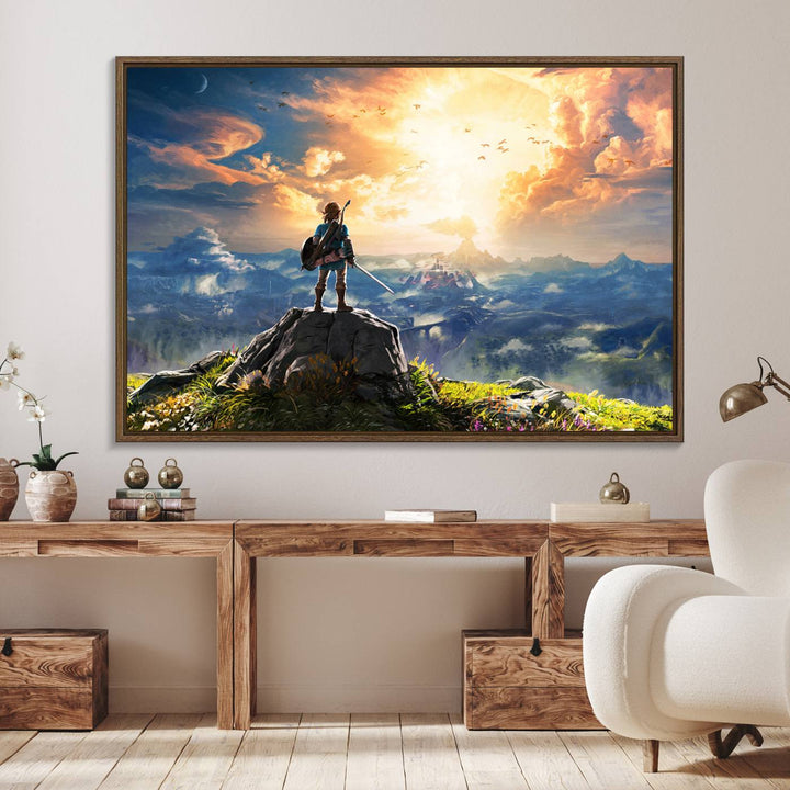 A vibrant Legend of Zelda Breath of the Wild canvas print depicts a figure standing on a rock with mountains and sky in the background.