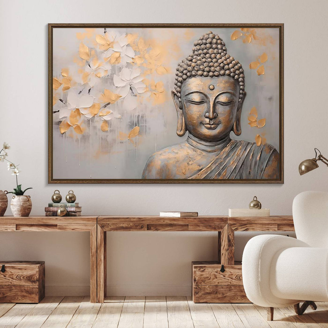 The serene dining room features Abstract Buddha Statue Wall Art.