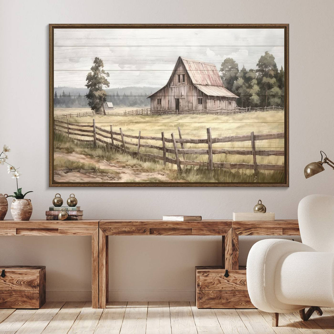 The wall is adorned with a Rustic Farmhouse Barn Wall Art.