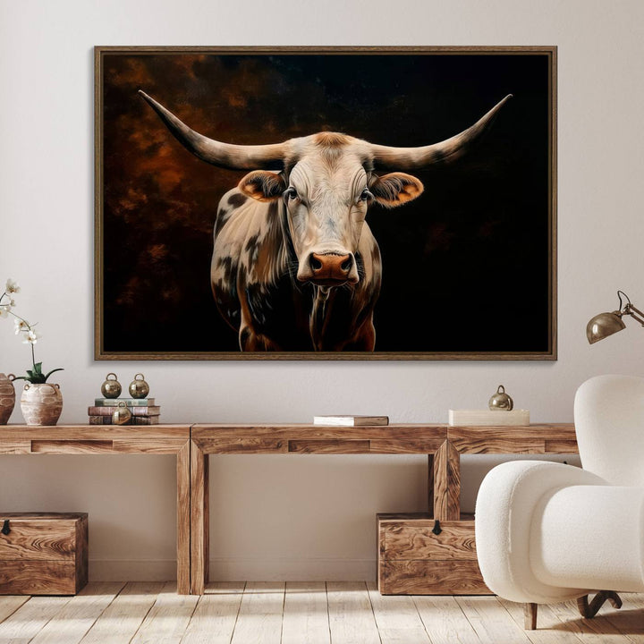 A large 3-panel Texas Longhorn canvas print dominates the space.