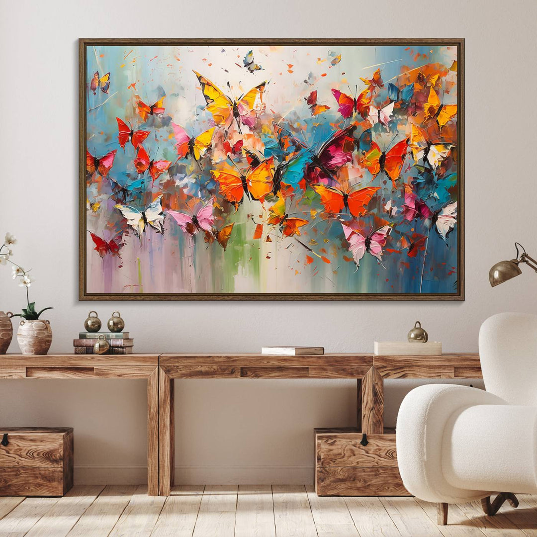 The Abstract Butterfly Wall Art Canvas Print hangs prominently, adding a touch of elegance and creativity to the room.