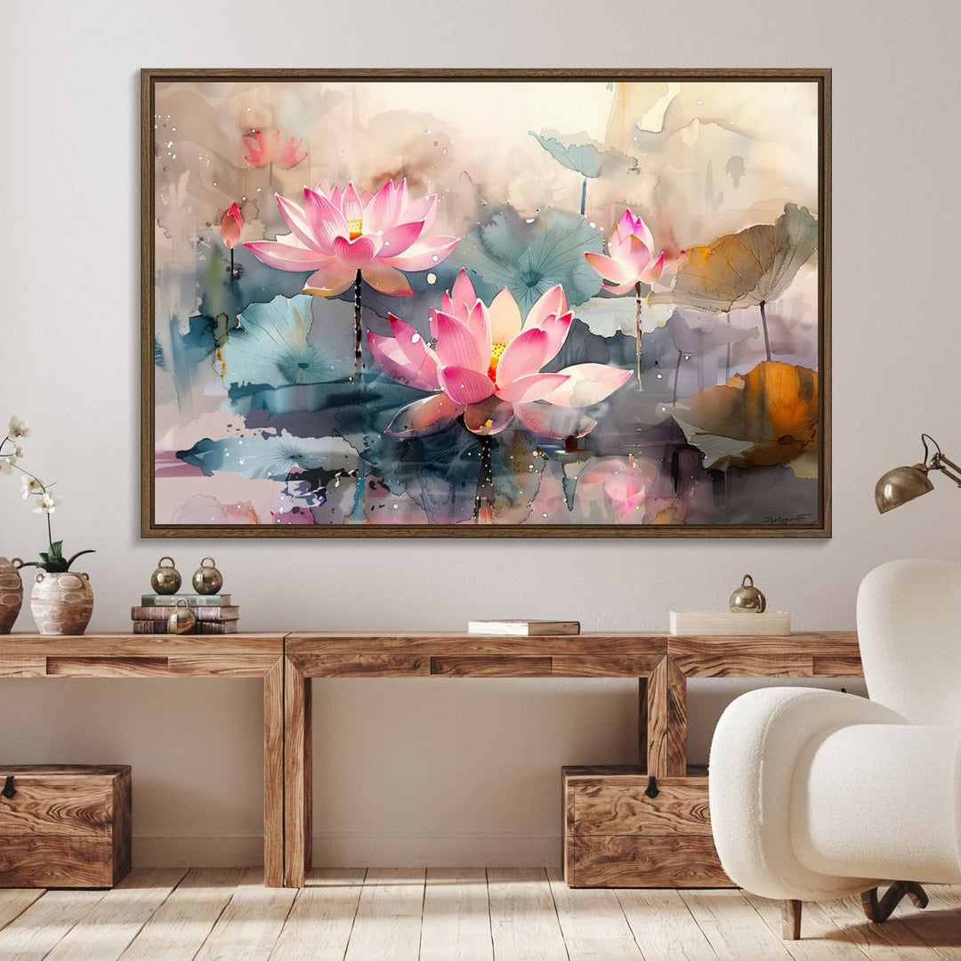 A pink lotus wall art adorns the space.