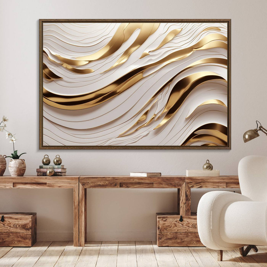 A Gold and White Abstract Wave Canvas with luxurious golden accents.