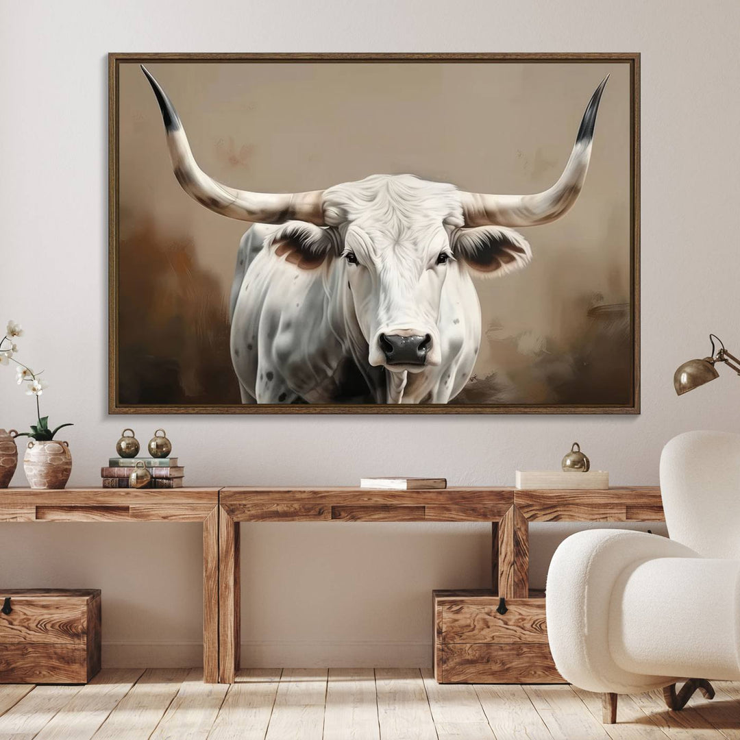 The kitchen features a striking canvas print of a Longhorn Bull.