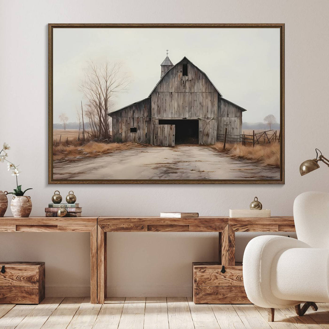 The Farmhouse Rustic Barn Wall Art Canvas Print, framed and ready to hang, enhances the farmhouse décor.