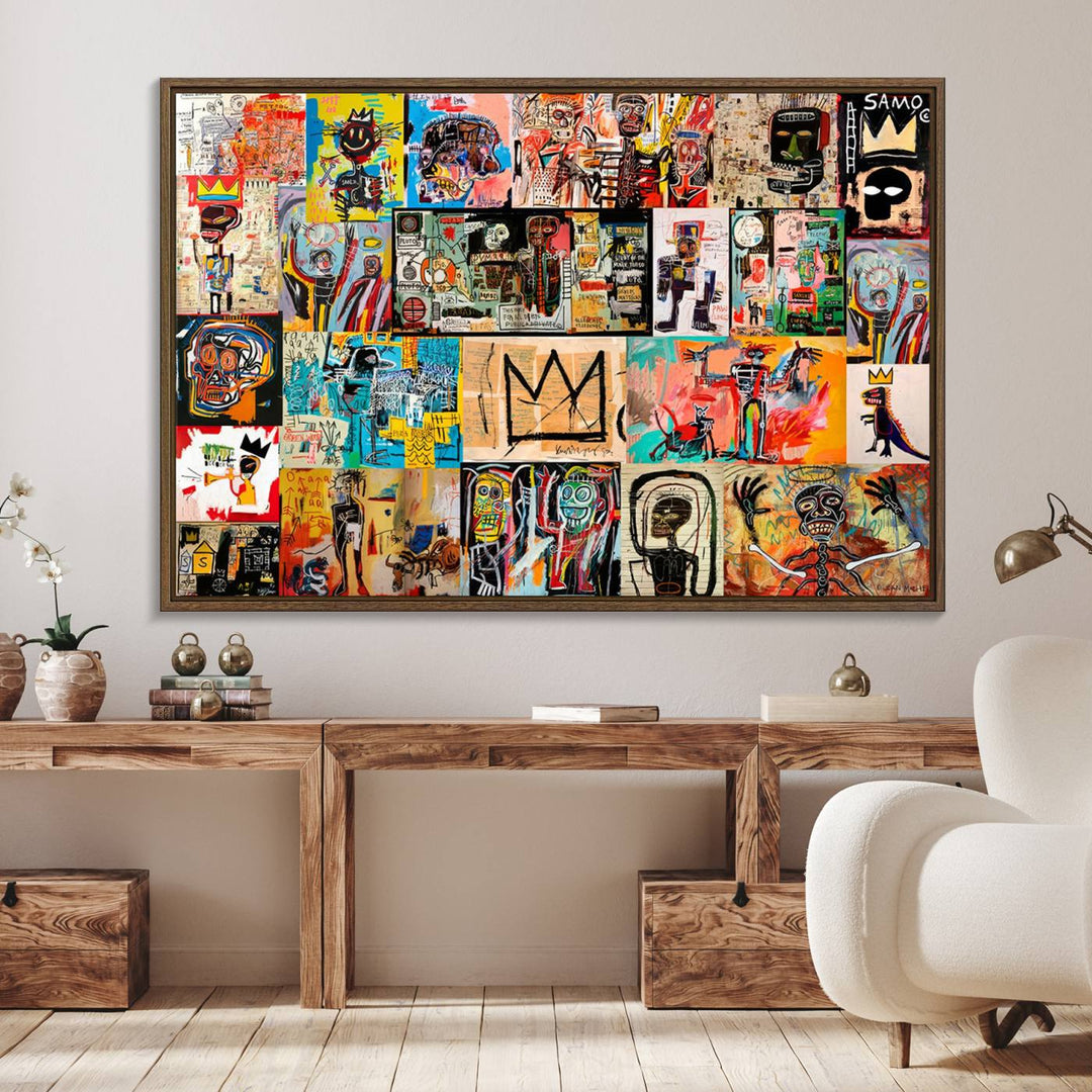 A Basquiat graffiti-style collage adorns the wall.