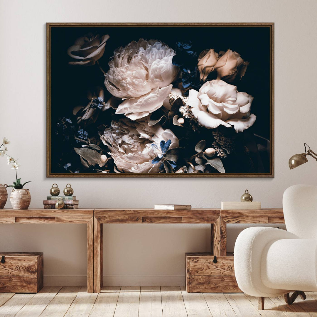 A large canvas art print of pink peonies flowers adds a vibrant touch to the space.