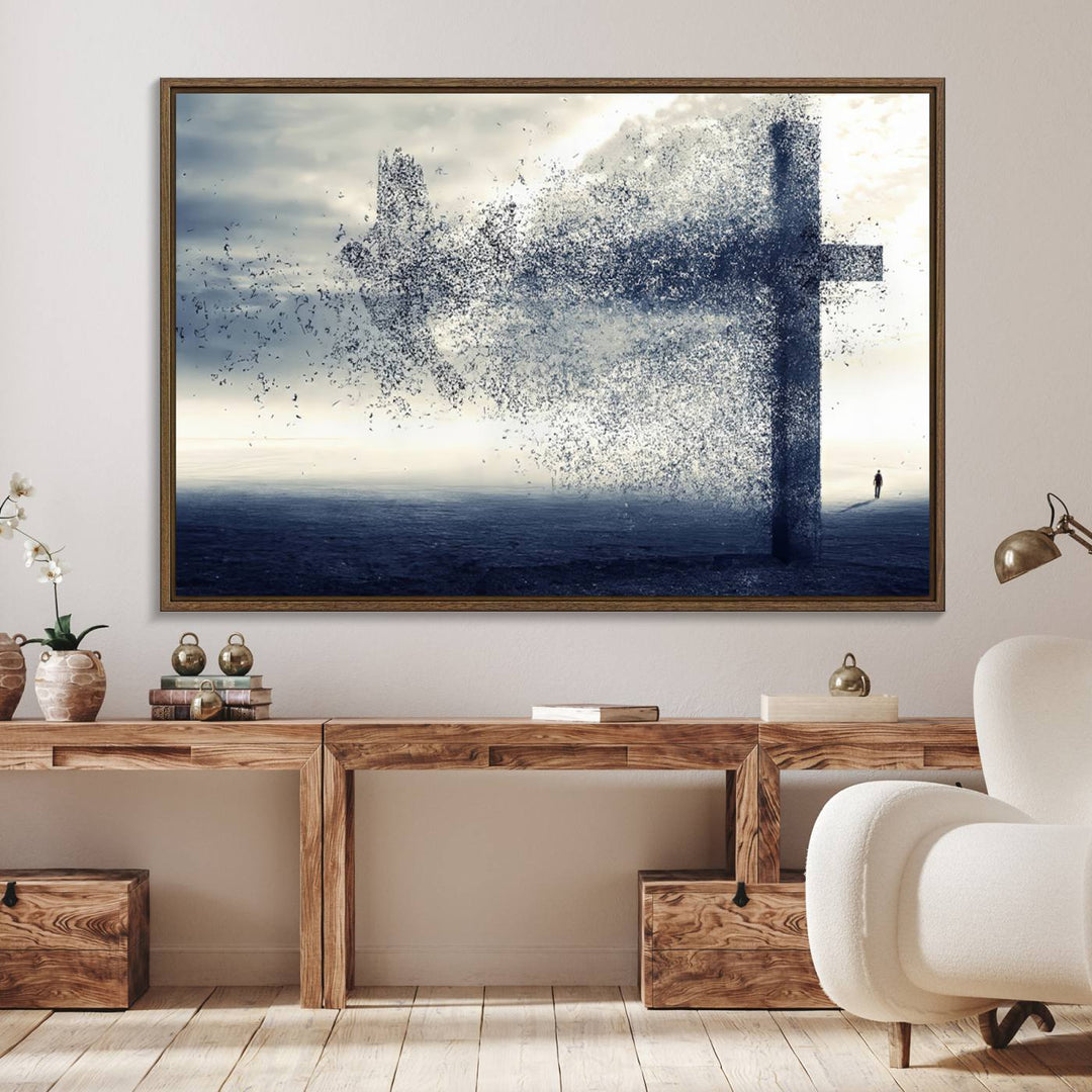 The Jesus and the Fading Cross wall art portrays a moody landscape.