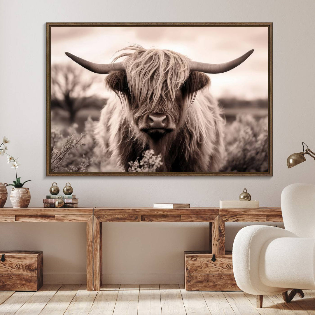 The Scottish Cow Longhorn Wall Art Canvas Print adds charm to the kitchen.