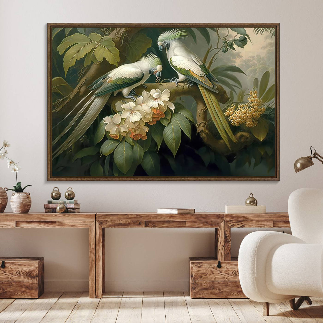 The Tropical Paradise Wall Art features a parrot in a lush forest.