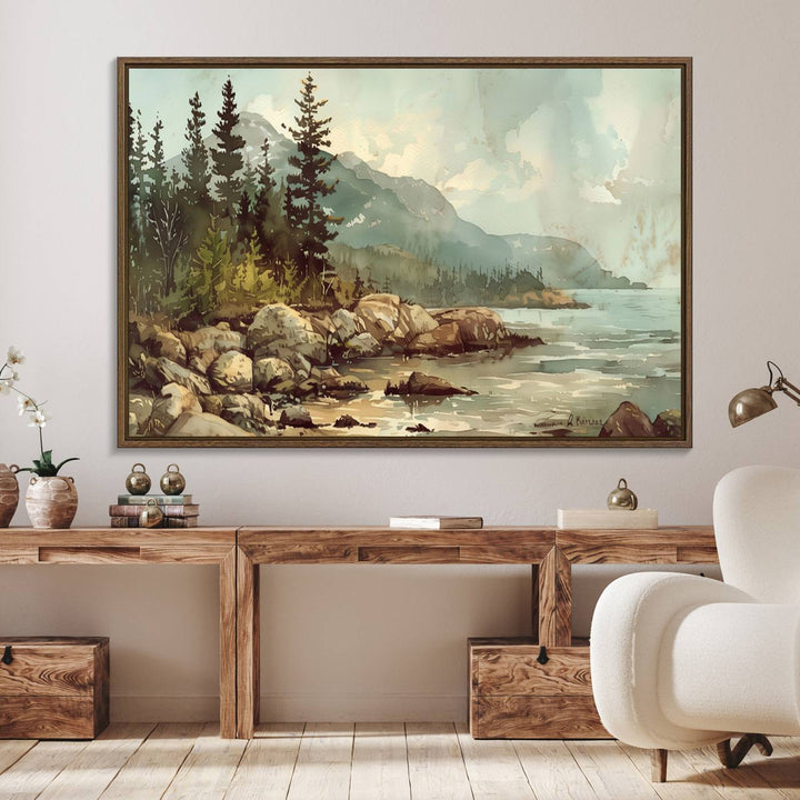 Framed Abstract Acadia National Park wall art, depicting a rocky coastline with trees and mountains, ready to hang.