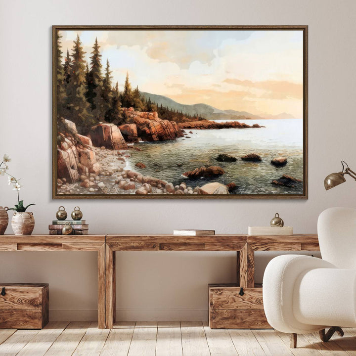 The Serene Coastal View of Acadia National Park 3-panel canvas, framed and ready to hang, adorns the wall.