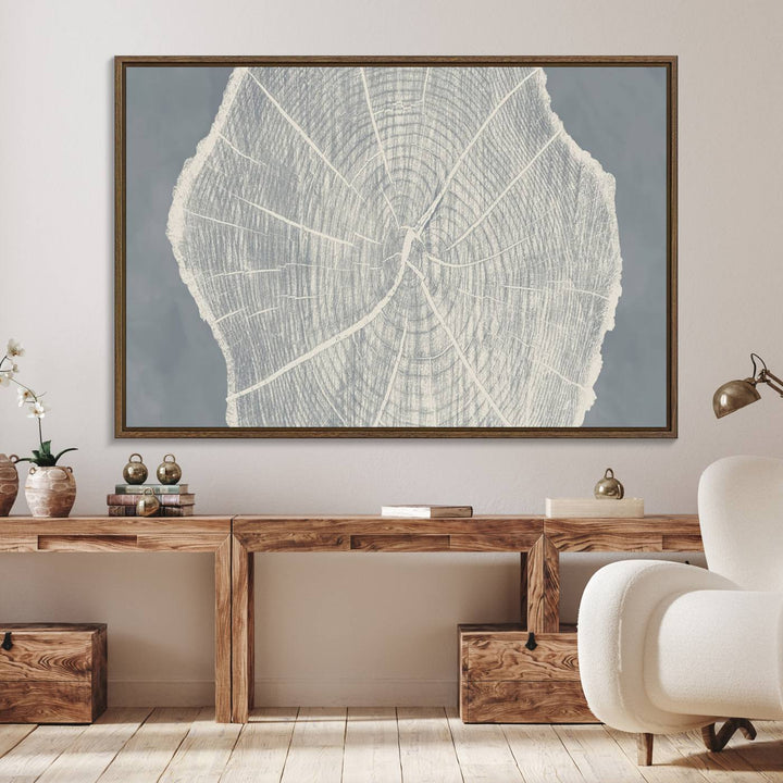 A gray wall displays the Abstract Tree Ring Wall Art print.