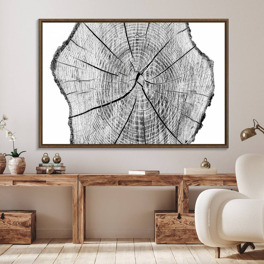 Black and white tree ring art print.