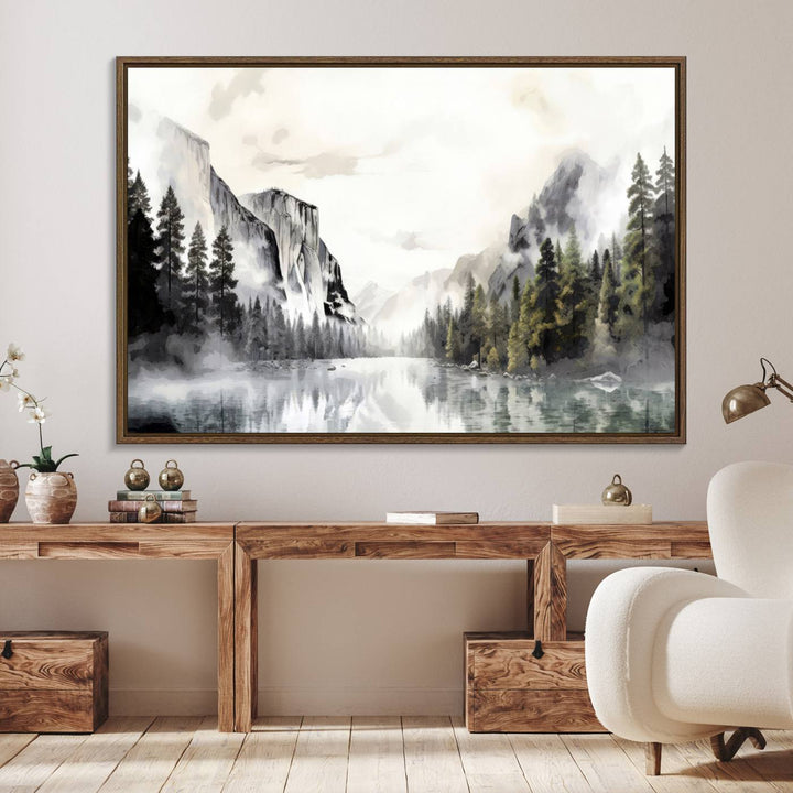 The Yosemite Valley Wall Art Canvas Print, a framed nature décor, is beautifully displayed.